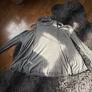 Sage Gray Ribbed Knit Cold Shoulder Long Sleeve Top